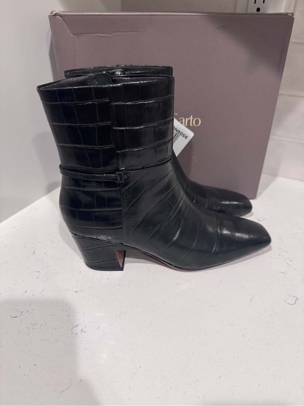Franco Sarto Saydie Black Croc-Embossed Leather Ankle Boots NIB